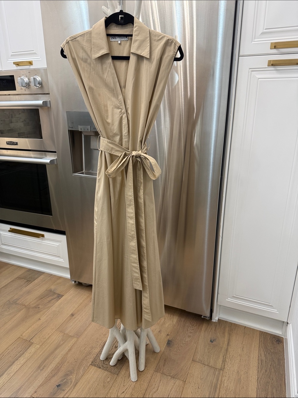 Zara Beige Sleeveless Midi Shirt Dress with Tie Belt